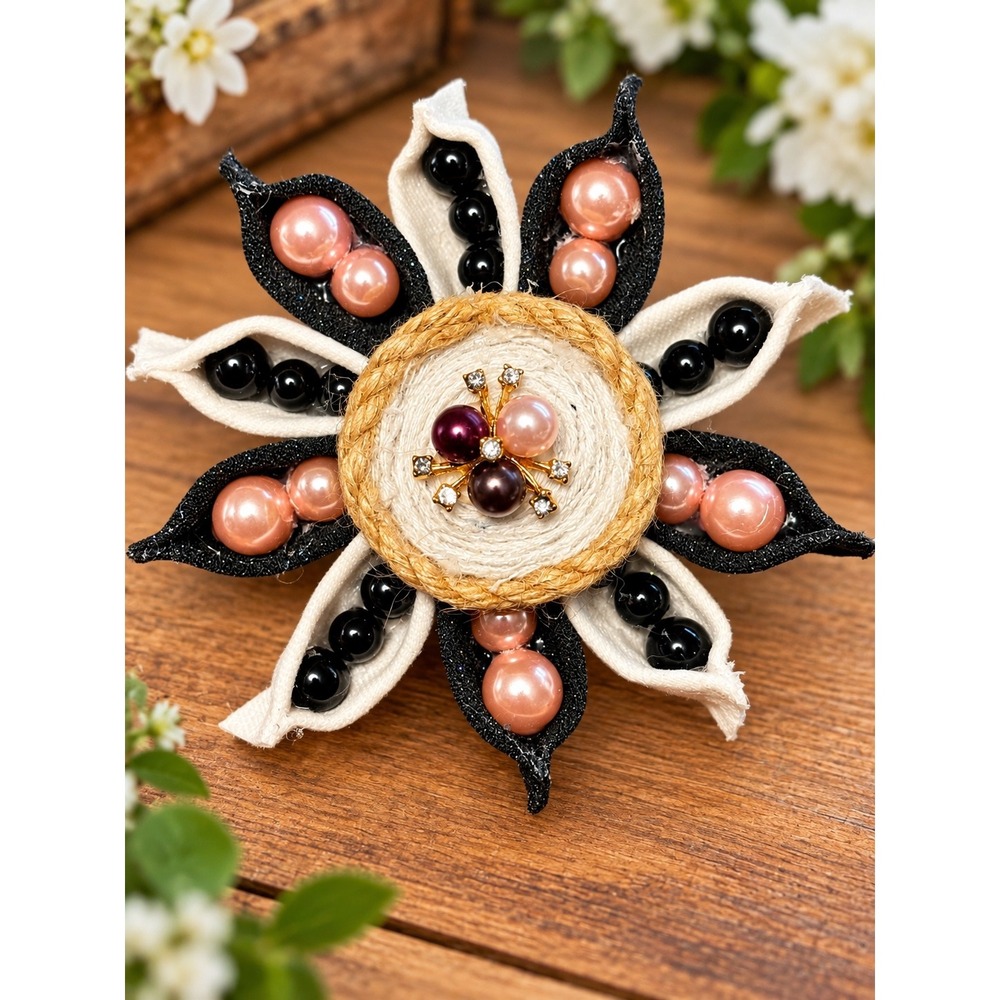 Handmade Denim Flower Magnets Black White Faux Pearl Jute - 3
